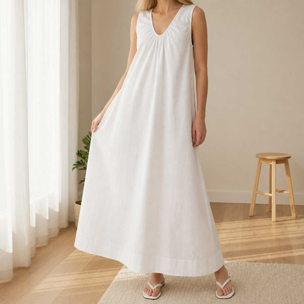 Anzio Smocked A-Line Maxi Dress in White