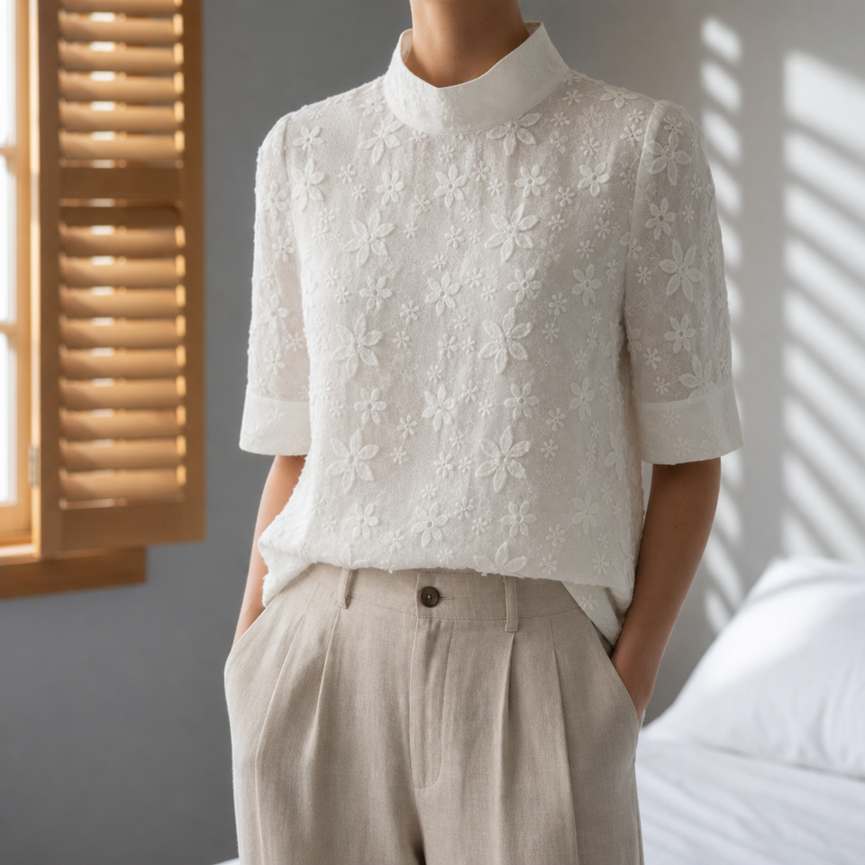 Sitia Floral Embroidered Blouse in White