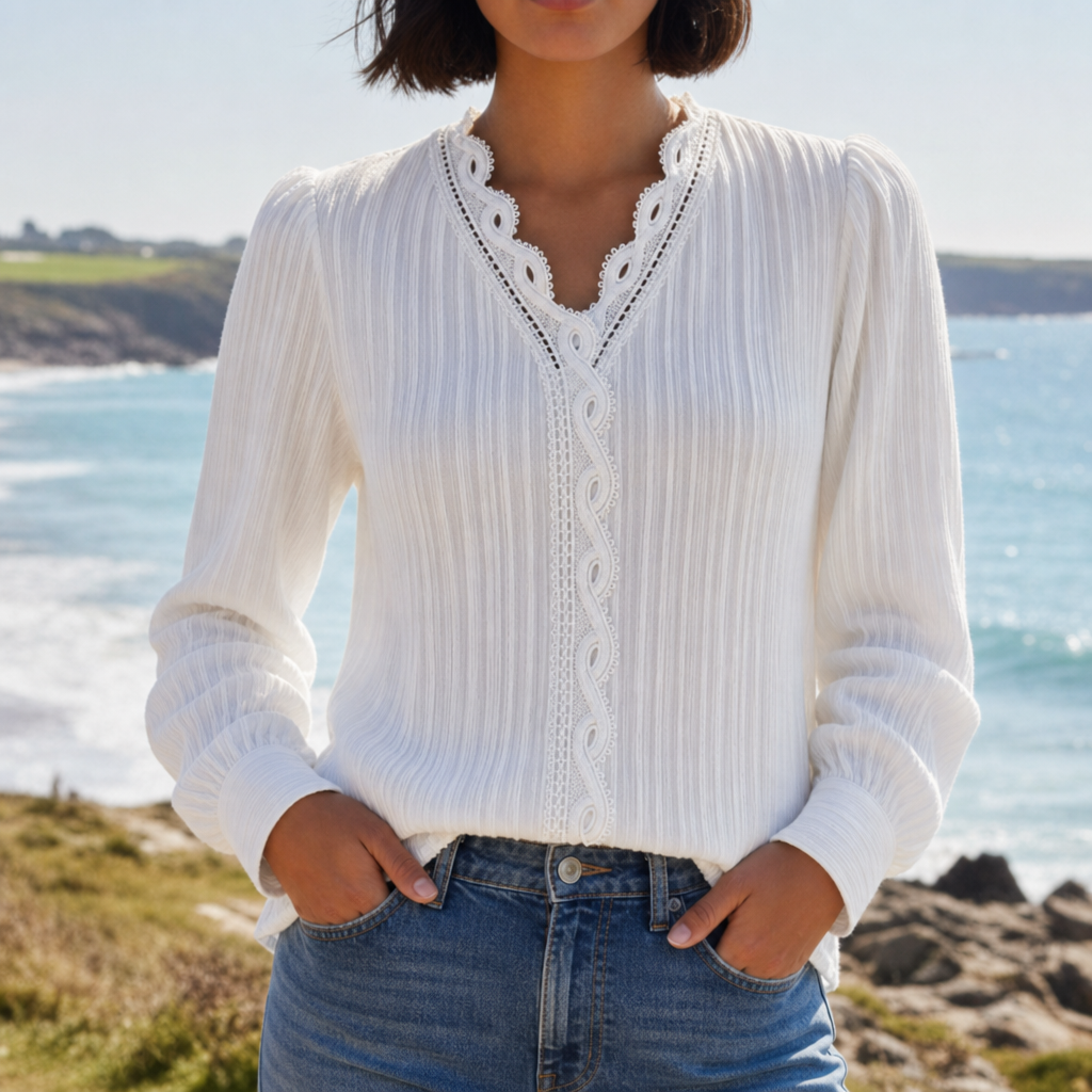Mljet Lace Trim V-Neck Blouse in White