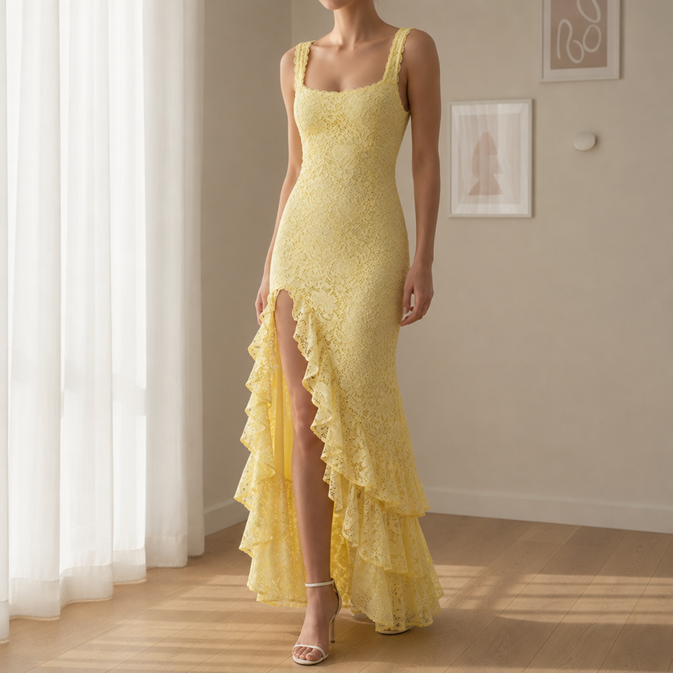 Alicante Lace Ruffle Maxi Dress in Yellow