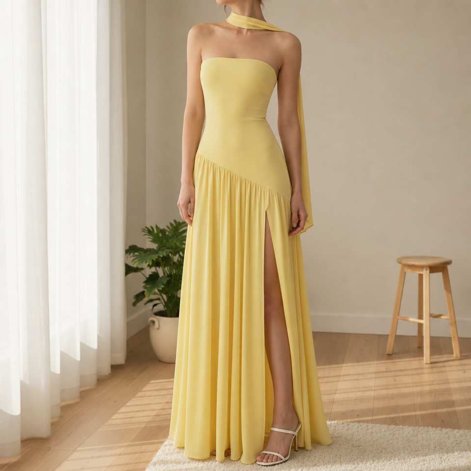 Formentor Strapless Slit Maxi Dress in Yellow