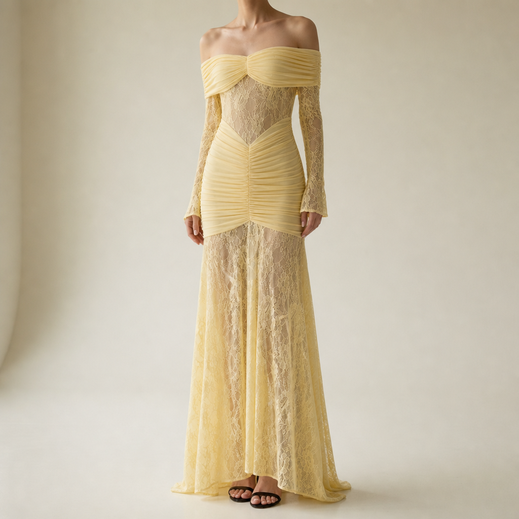 Olhao Lace Off-Shoulder Maxi Dress in Yellow