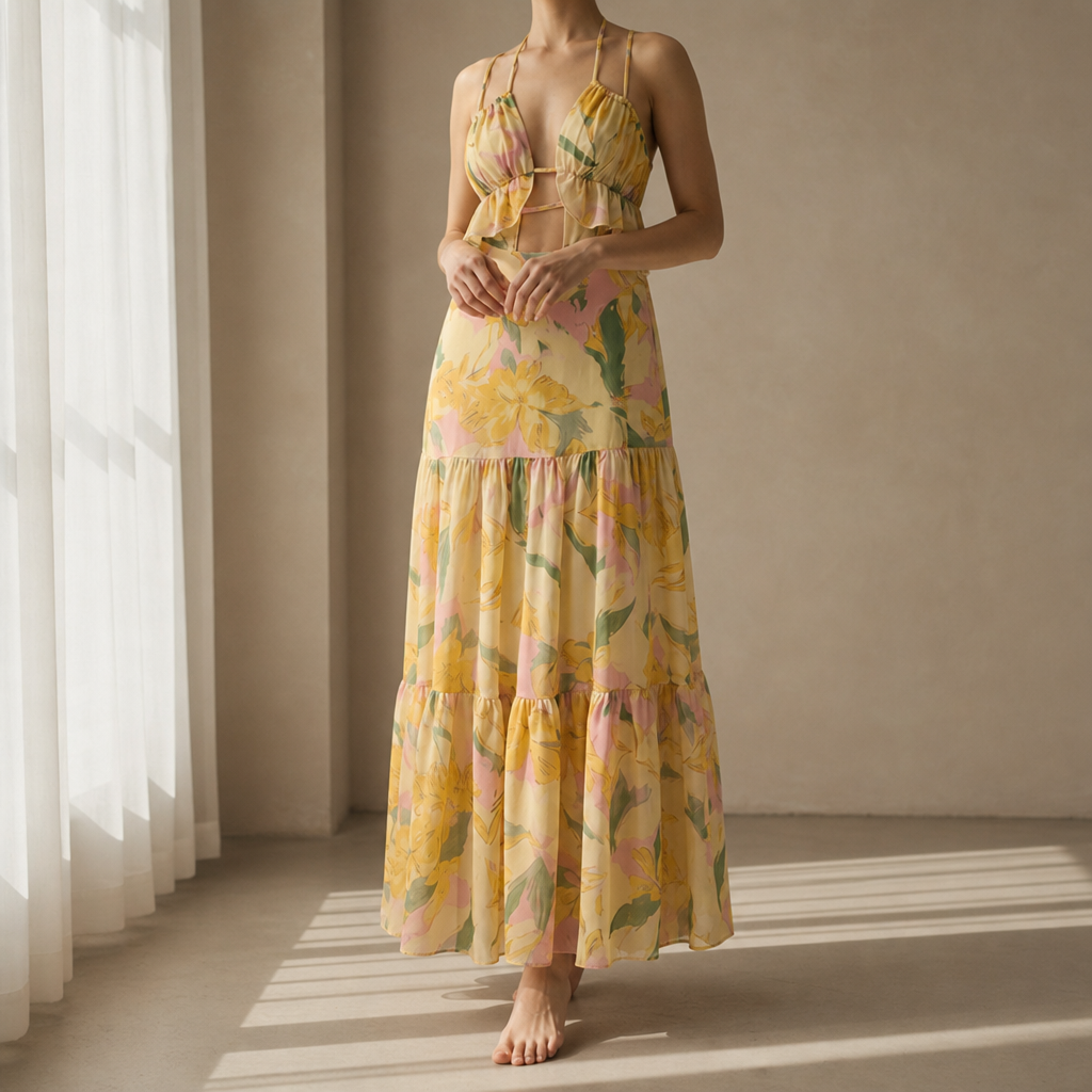 Assisi Floral Cutout Maxi Dress in Butter Yellow Floral