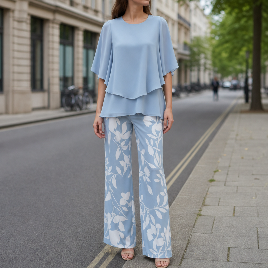 Biot Floral Chiffon Two-Piece Set in Dusty Blue