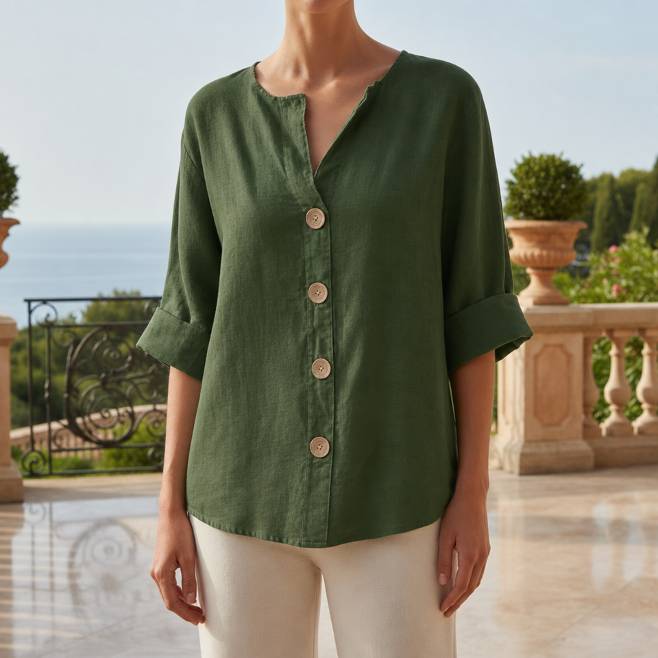 Tarifa Linen Button-Up Blouse in Olive Green