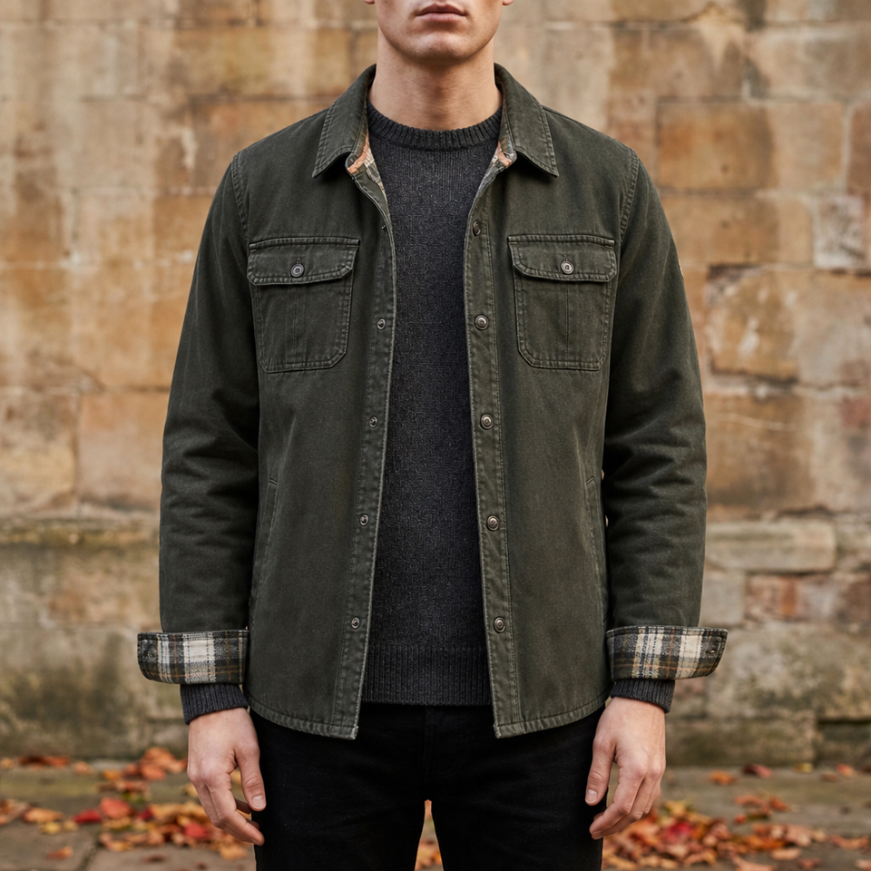 Serifos Flannel Lined Shirt Jacket in Olive Green