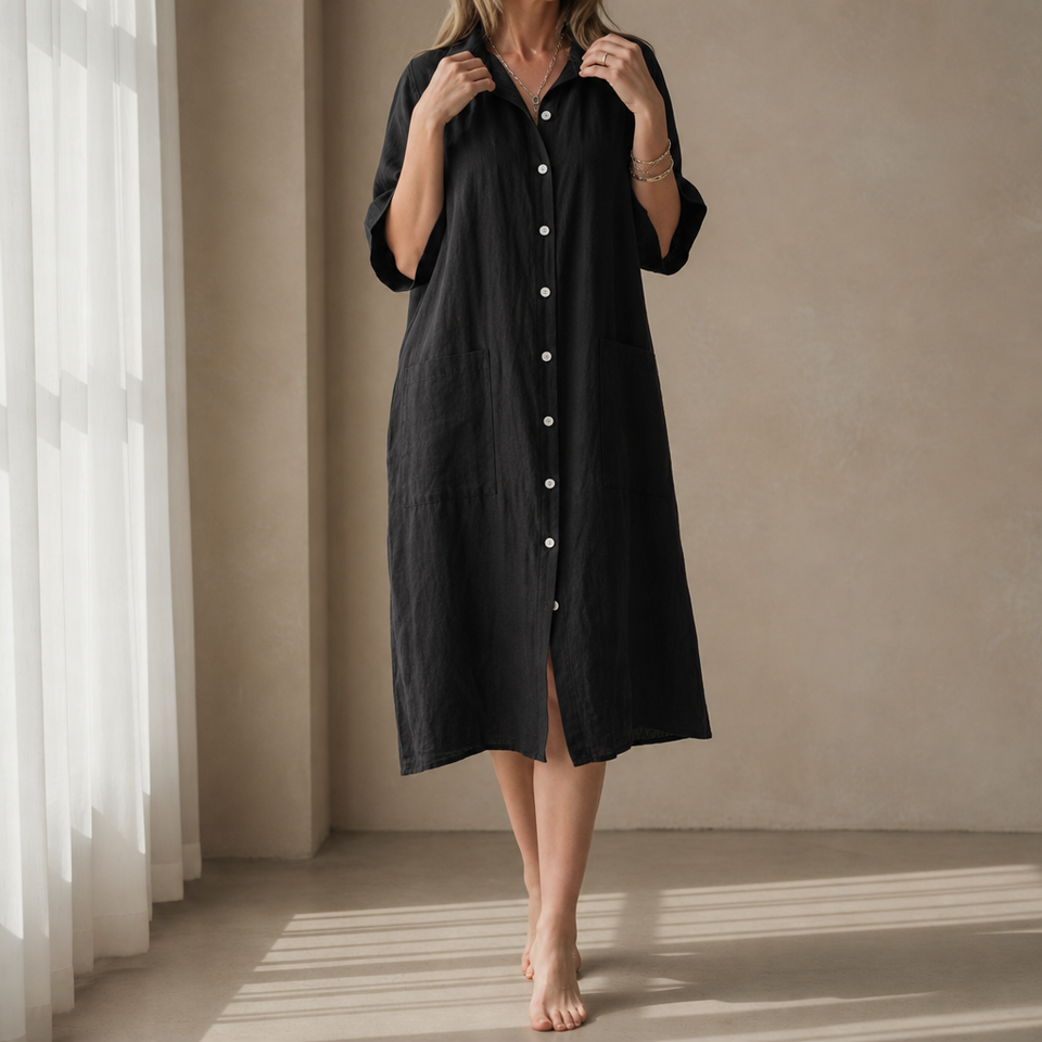 Segovia Linen Button-Up Shirt Dress in Black