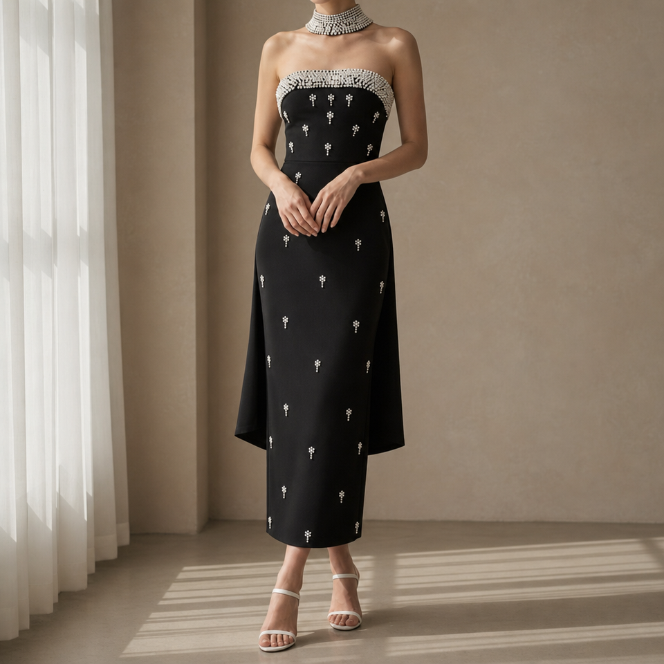 Patmos Pearl Embellished Bodycon Dress in Black