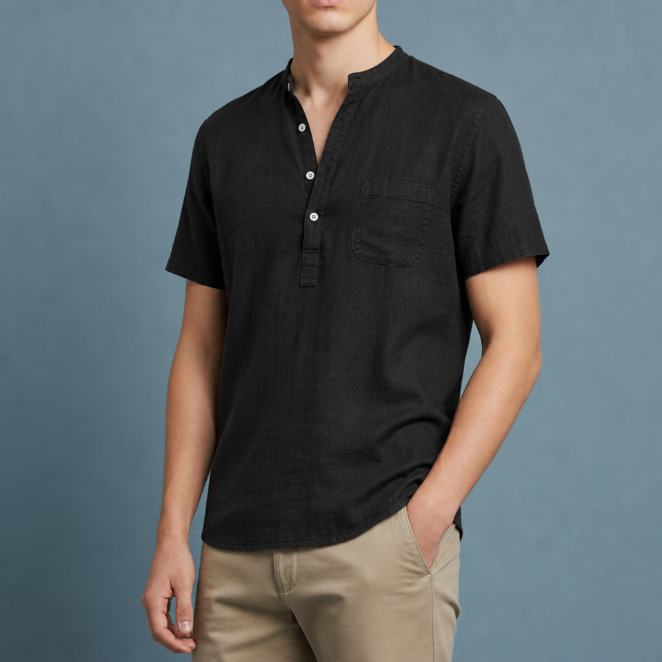 Anzio Linen Henley Shirt in Black