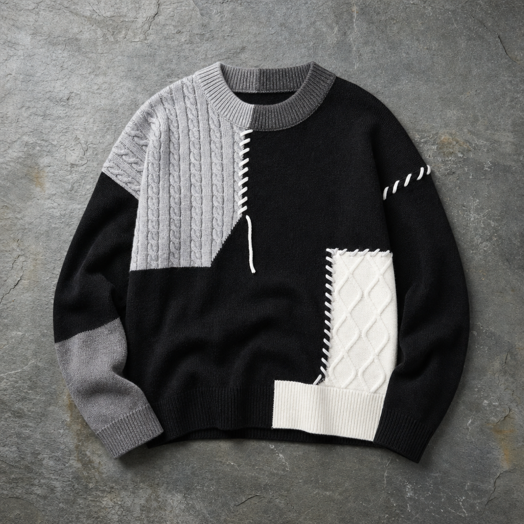 Alonnisos Patchwork Cable Knit Sweater in Black