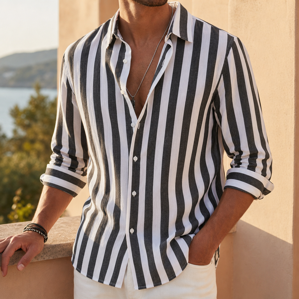 Antequera Striped Linen Shirt in Black