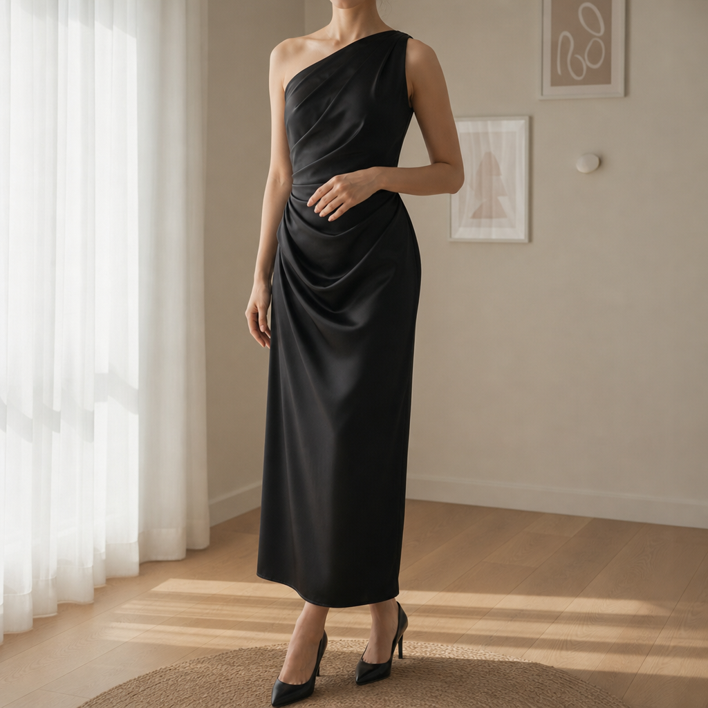 Narbonne Draped Satin Midi Dress in Black