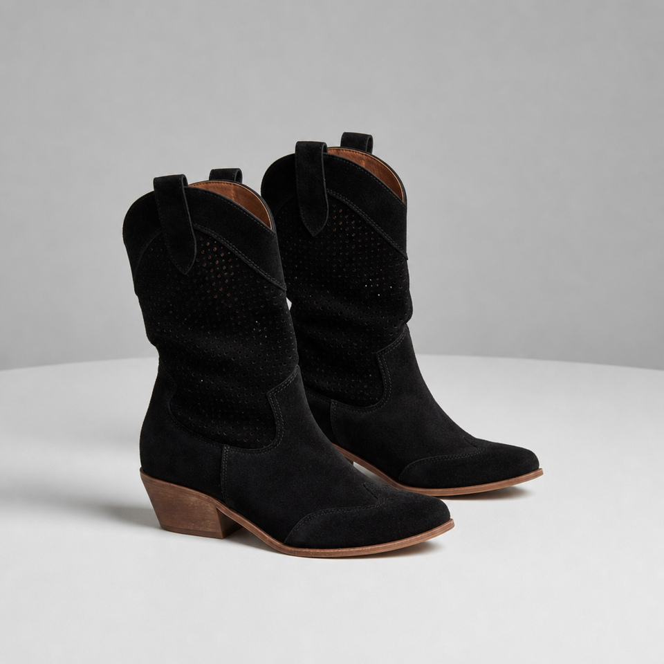 Skiathos Perforated Western Boots in Black