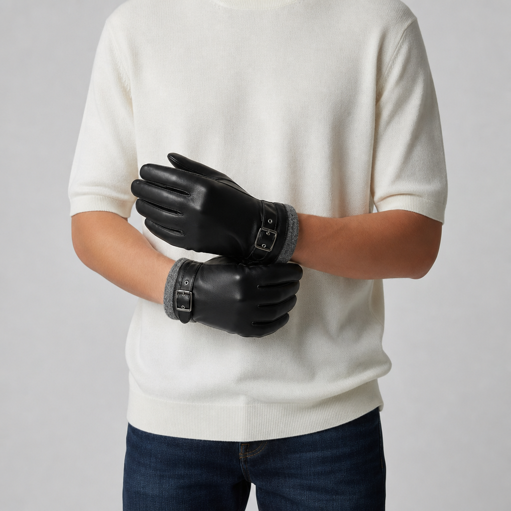 Padova Buckle Strap Leather Gloves in Black