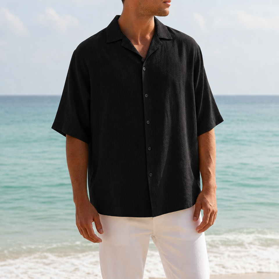 Ierapetra Textured Button-Up Shirt in Black