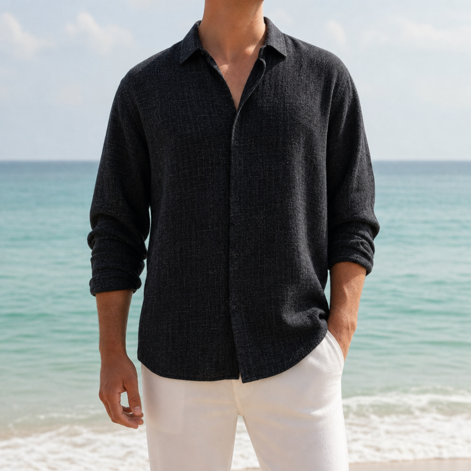 Formentera Linen Button-Up Shirt in Black