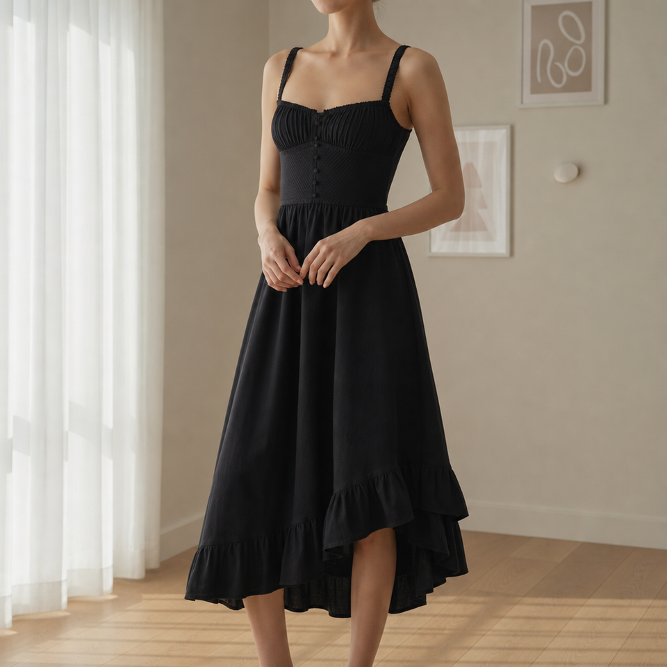 Calvi Ruffle Hem Cami Dress in Black