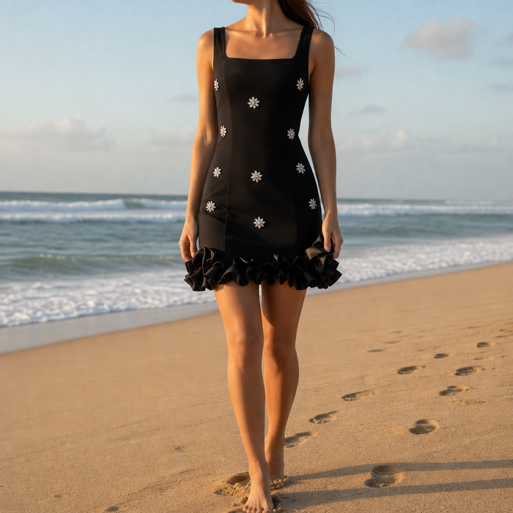 Otranto Crystal Ruffle Hem Mini Dress in Black
