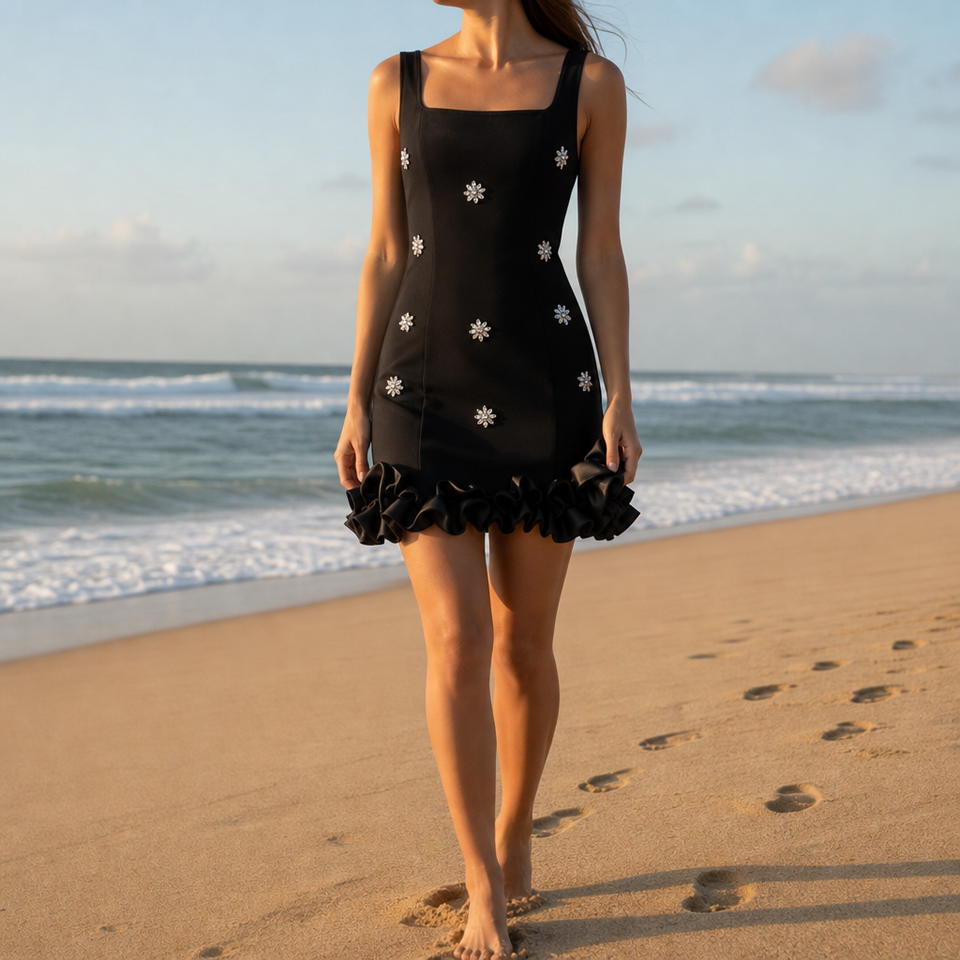 Otranto Crystal Ruffle Hem Mini Dress in Black