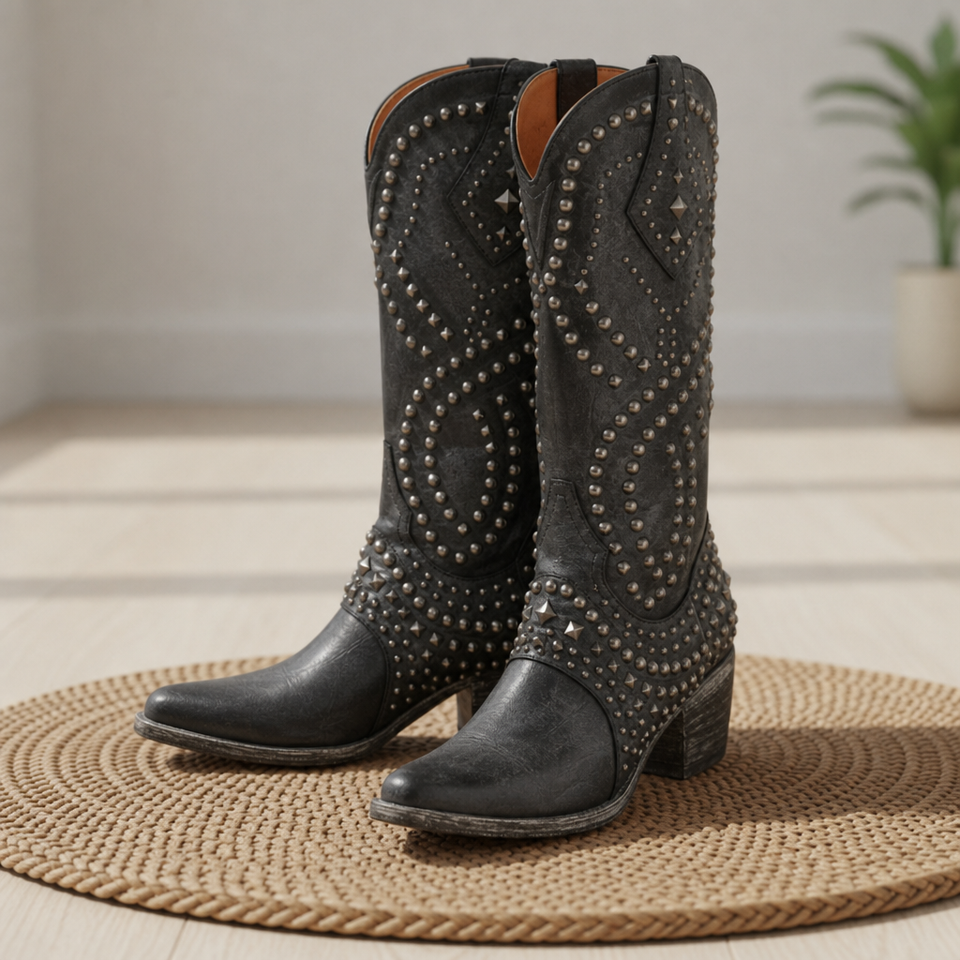 Alassio Studded Western Knee-High Boots in Black