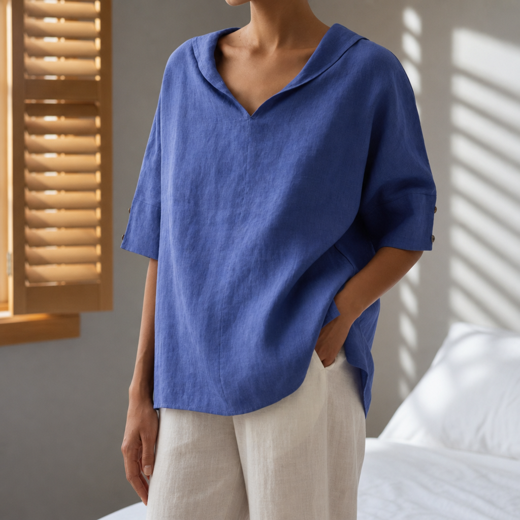 Camogli Linen V-Neck Blouse in Royal Blue