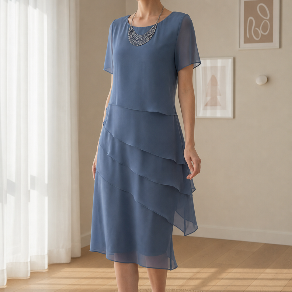 Mantova Tiered Chiffon Midi Dress in Dusty Blue
