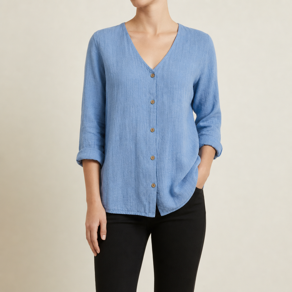 Rab Linen Button-Up Blouse in Blue