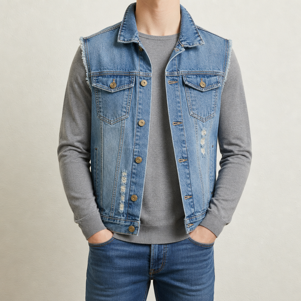 Larnaca Distressed Denim Vest in Blue