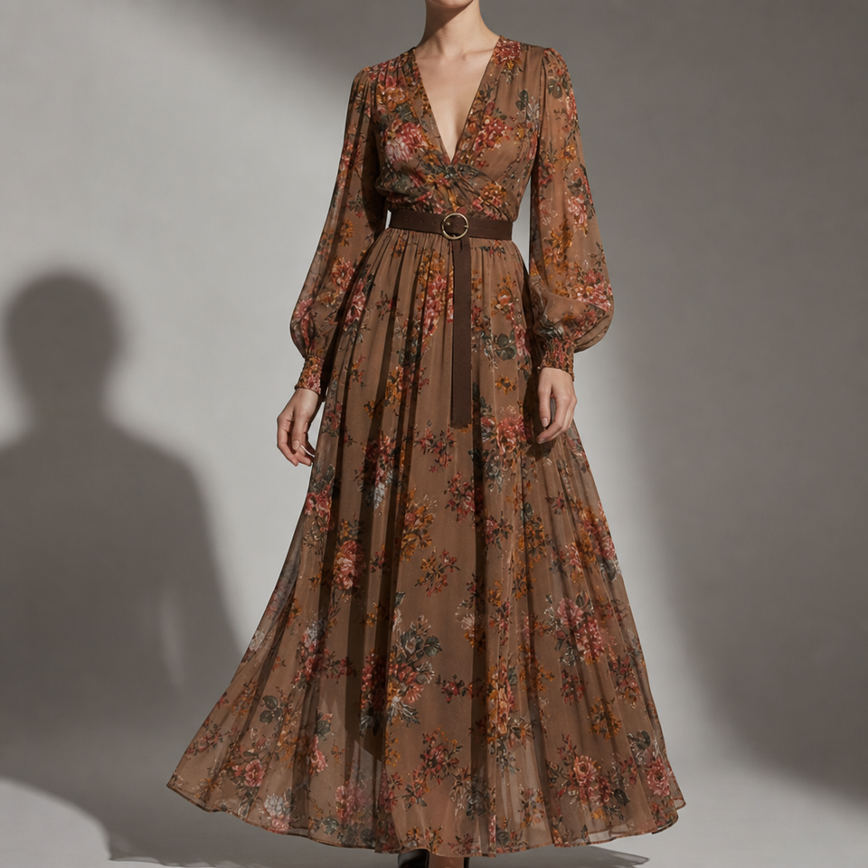 Montalcino Embroidered Boho Maxi Dress in Brown