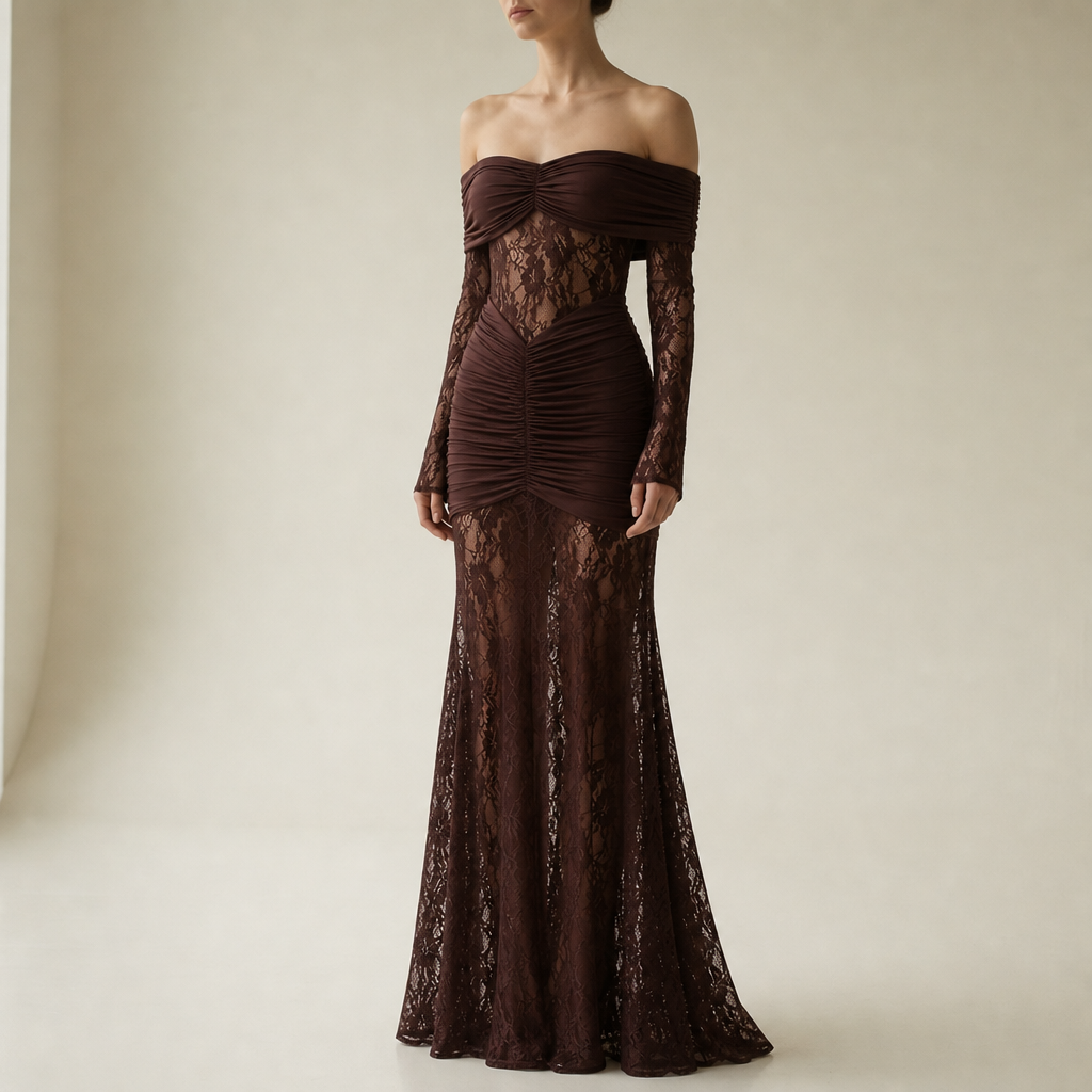 Olhao Lace Off-Shoulder Maxi Dress in Brown