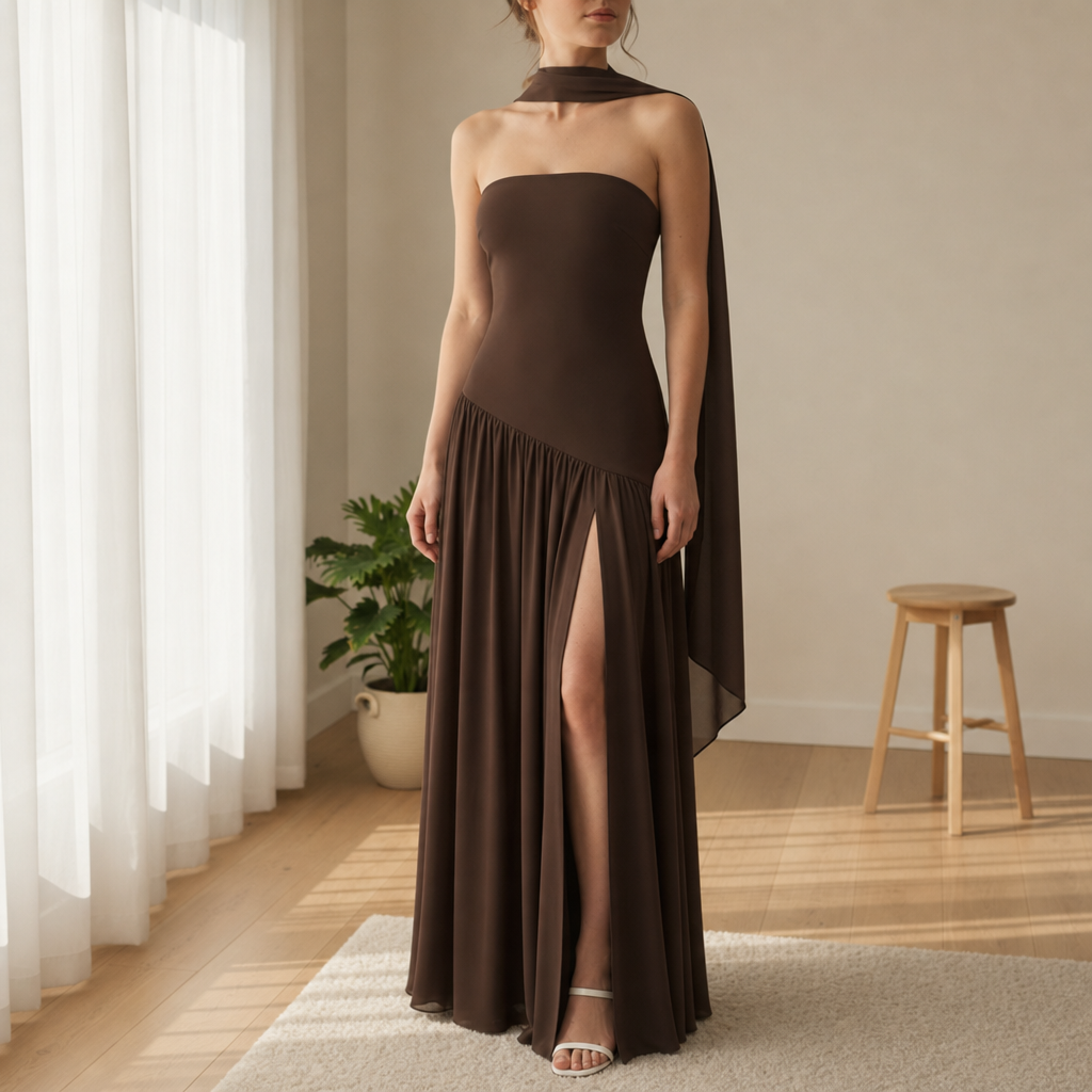 Formentor Strapless Slit Maxi Dress in Coffee