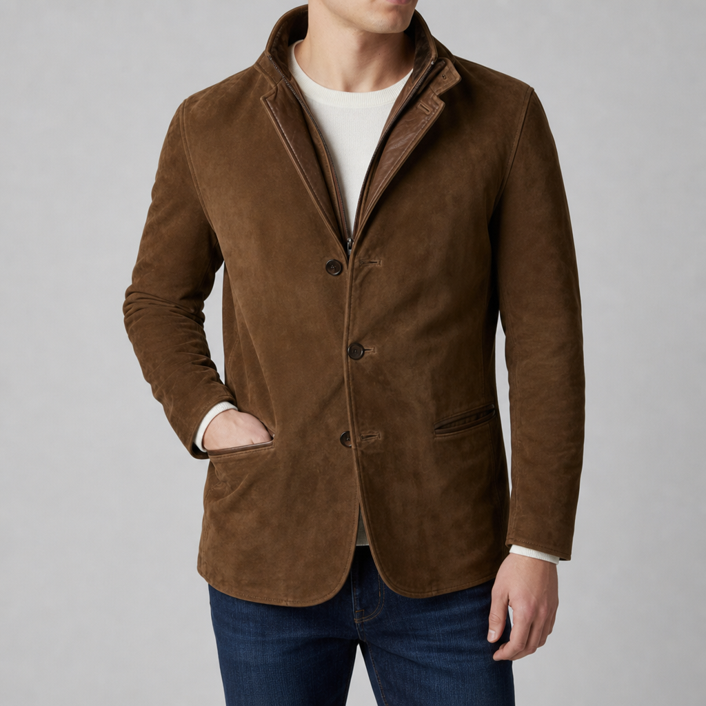 Paros Suede Leather Blazer Jacket in Dark Brown