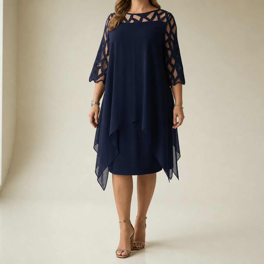 Cavtat Lace Sleeve Chiffon Dress in Deep Blue