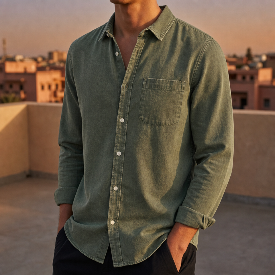 Mdina Casual Denim Button-Down in Sage Green