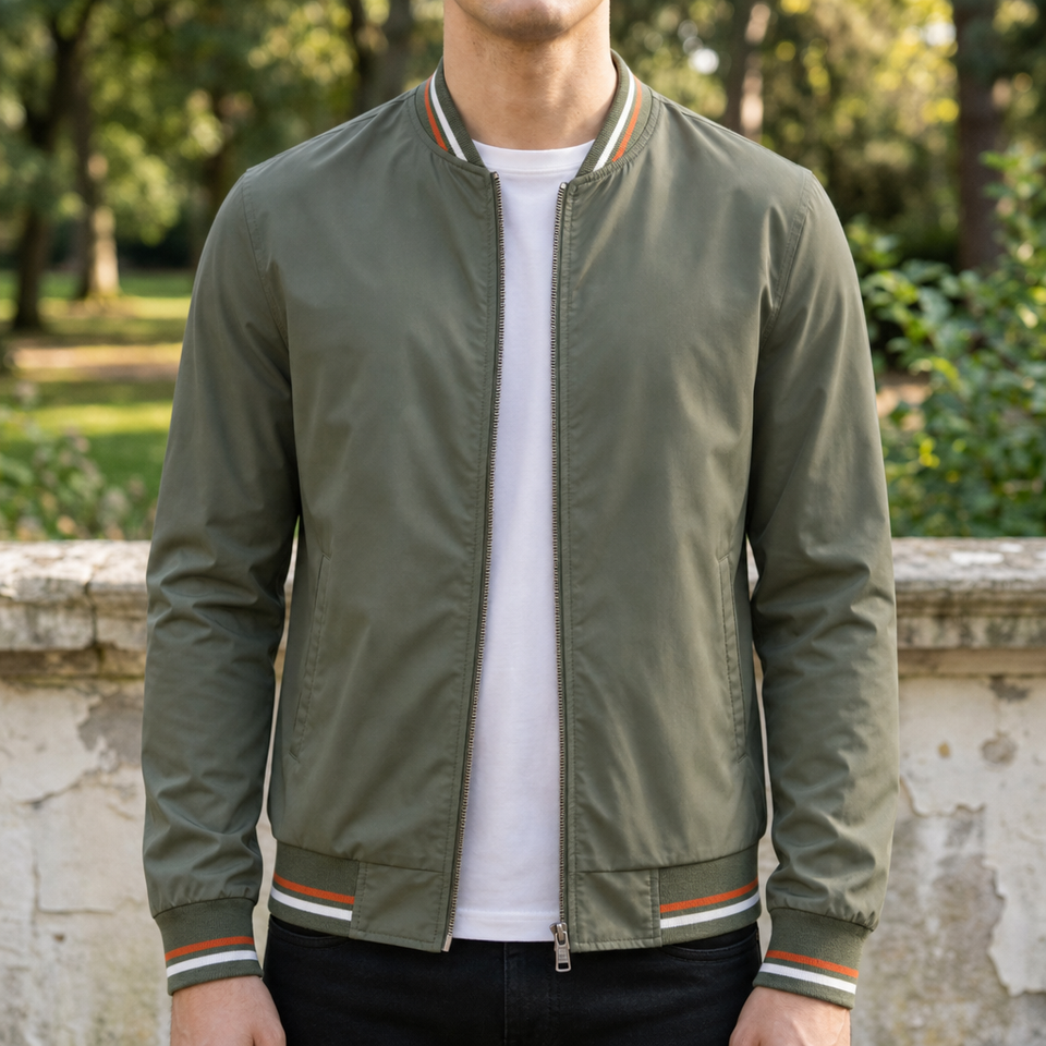 Kalymnos Striped Trim Bomber Jacket in Green