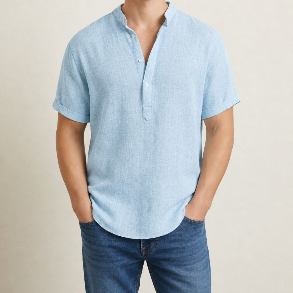 Kythnos Linen Henley Shirt in Light Blue