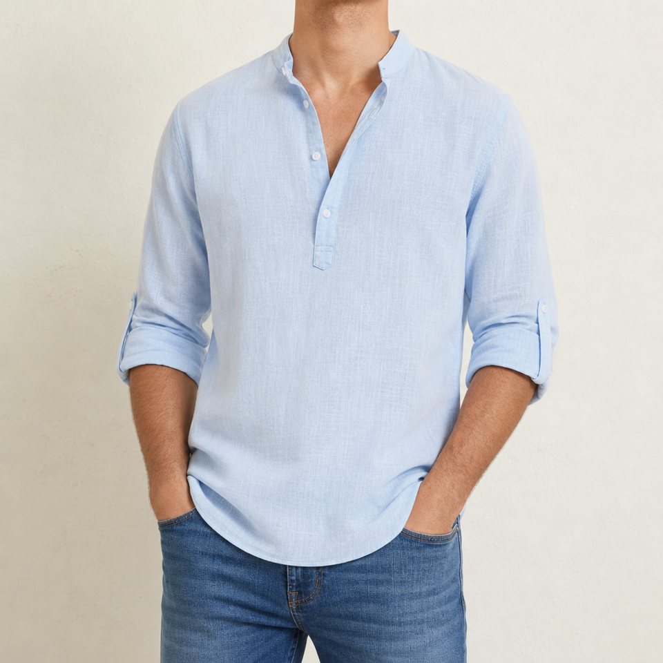 Apt Relaxed Linen Henley Shirt in Light Blue