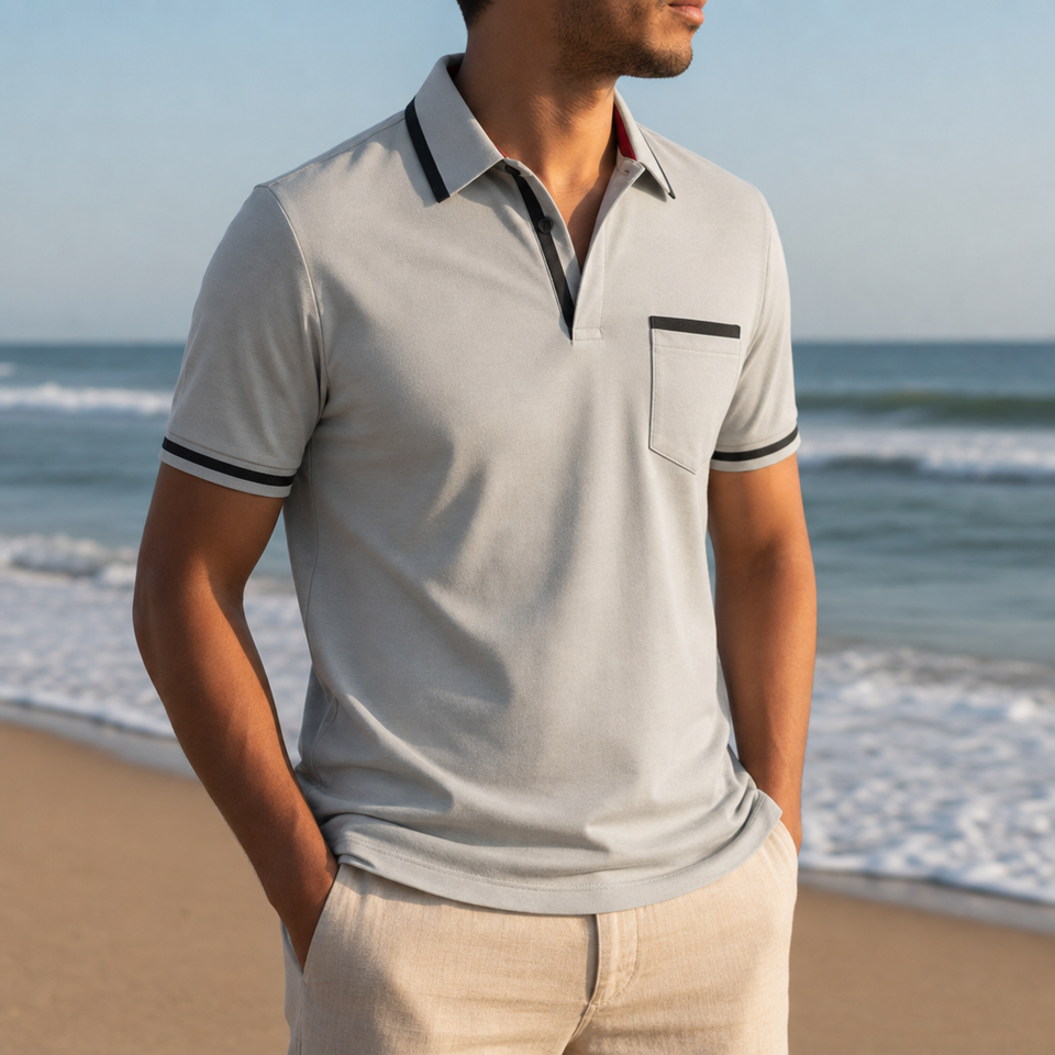 Nimes Striped Trim Polo Shirt in Light Gray