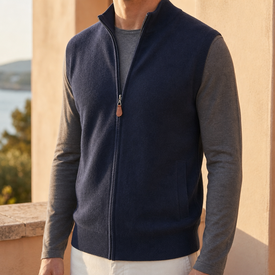 Oviedo Cashmere Zip-Up Vest in Navy Blue