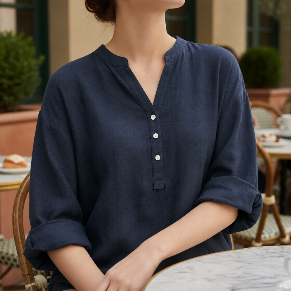 Paphos Linen Button-Up Tunic in Navy Blue