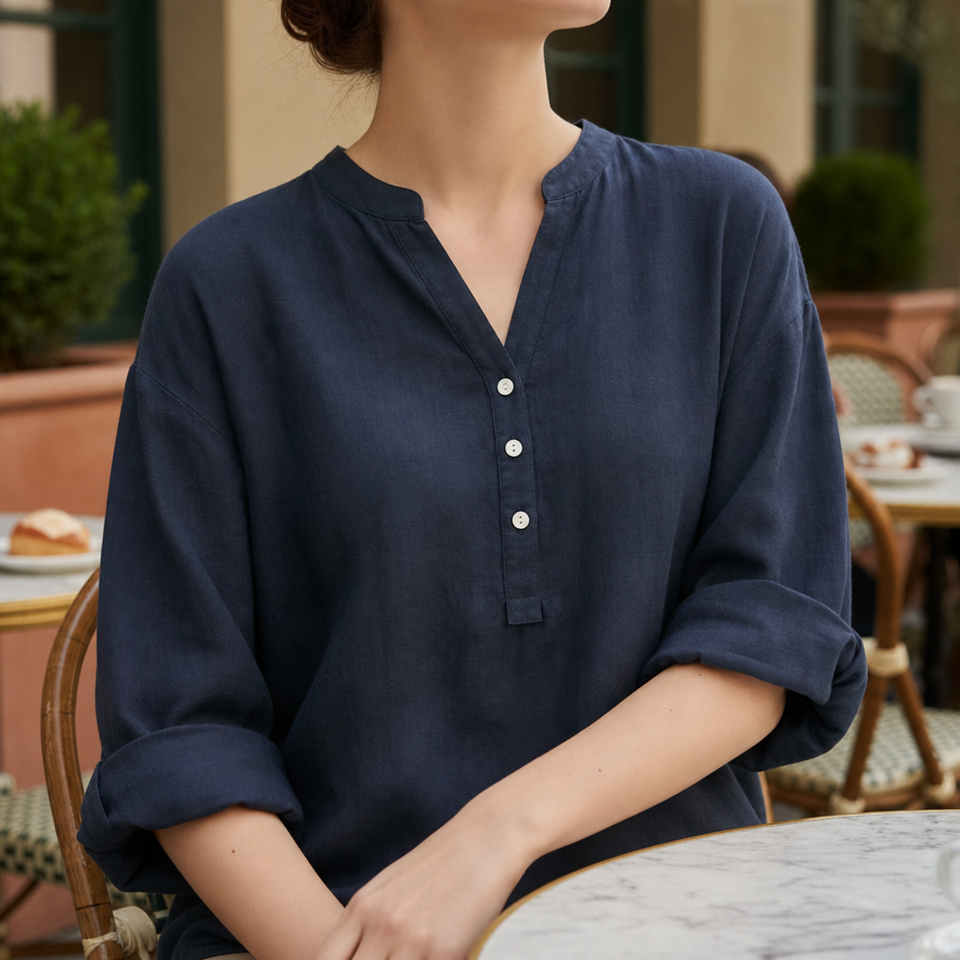 Paphos Linen Button-Up Tunic in Navy Blue