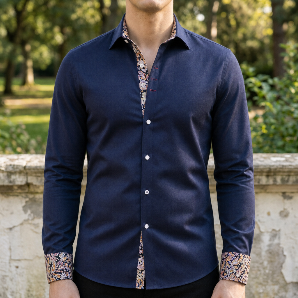 Baeza Paisley Accent Dress Shirt in Navy Blue