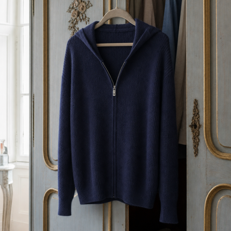 Camogli Ribbed Knit Zip Hoodie in Navy