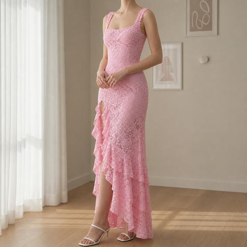 Alicante Lace Ruffle Maxi Dress in Pink