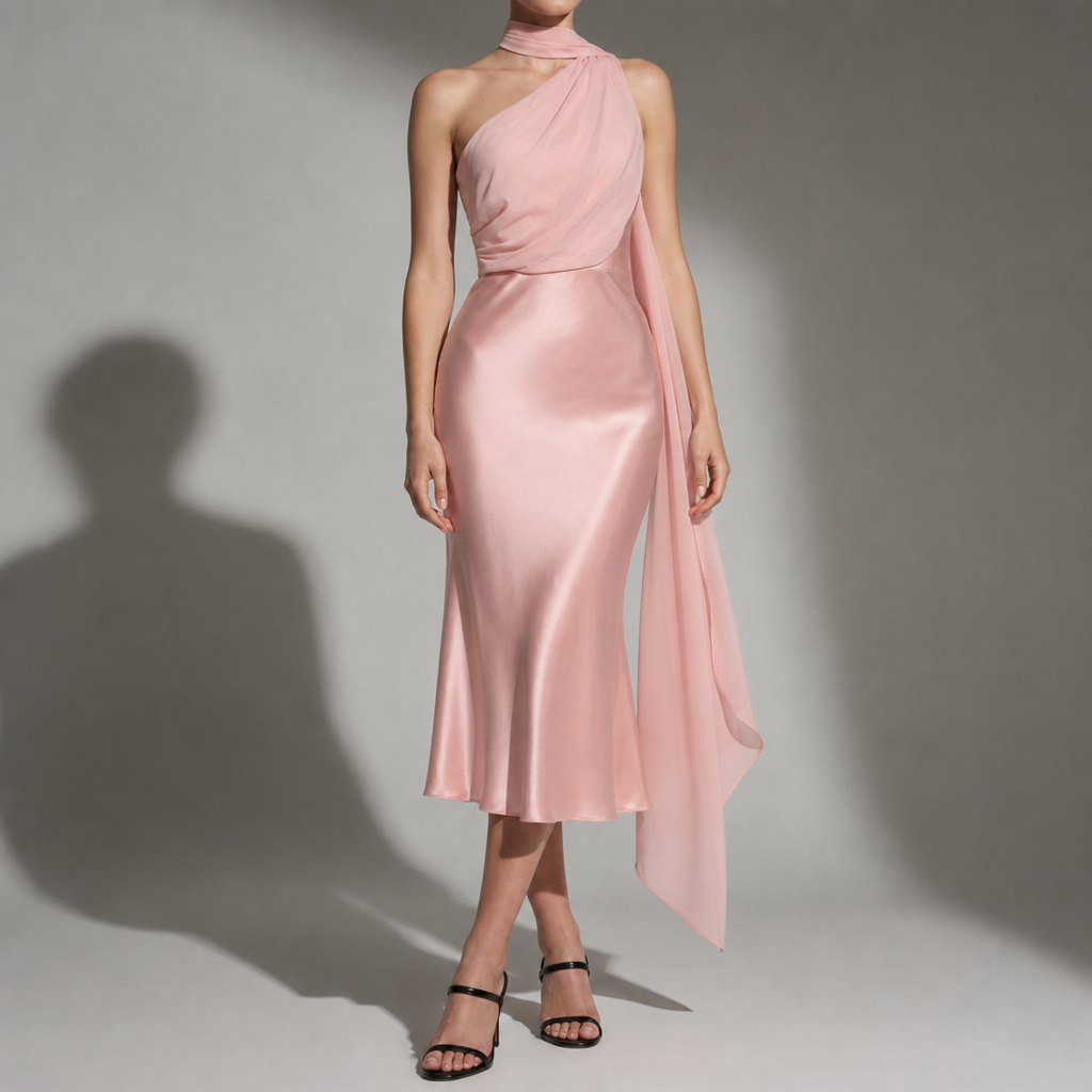 Aegina Satin Mermaid Midi Dress in Pink