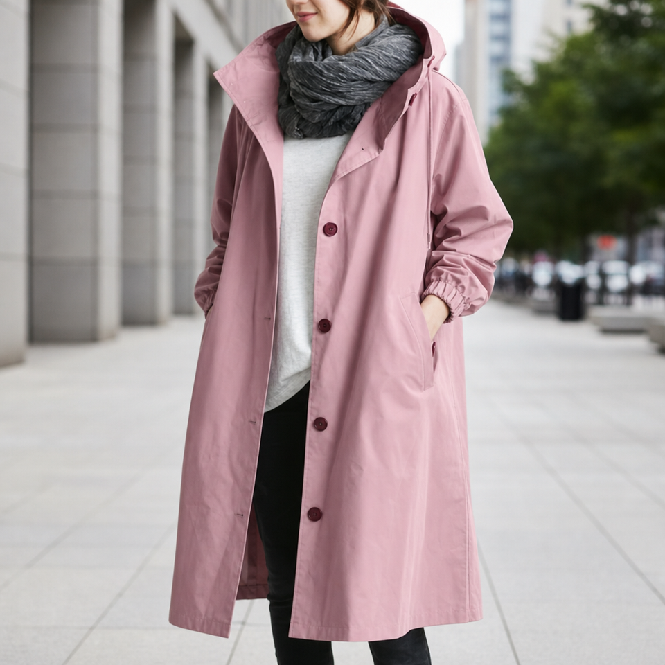 Frigiliana Hooded Longline Trench Coat in Pink