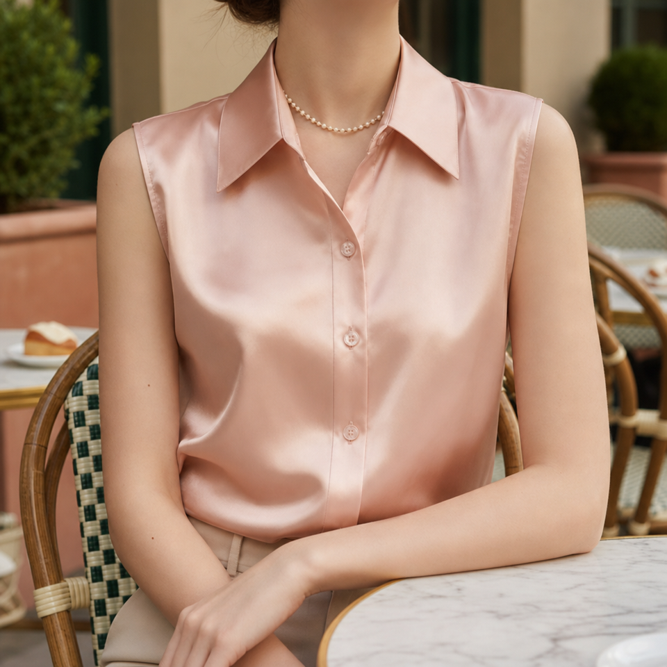Imperia Satin Sleeveless Blouse in Salmon Pink