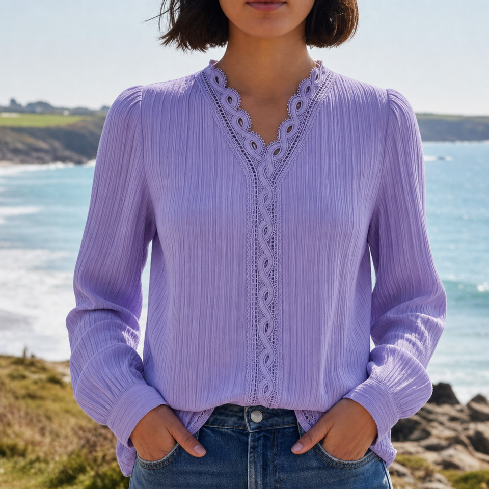 Mljet Lace Trim V-Neck Blouse in Purple