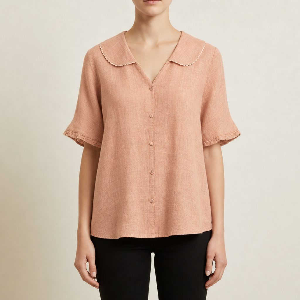 Sorrento Doll Collar Linen Blouse in Salmon