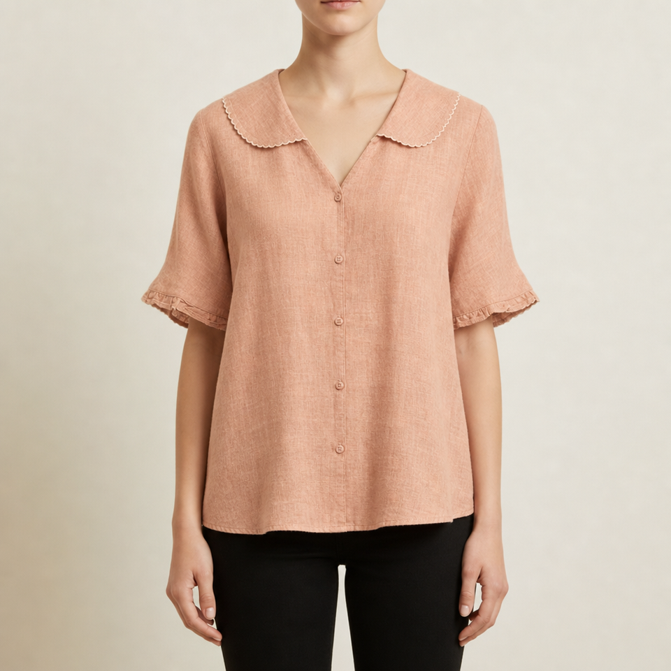 Sorrento Doll Collar Linen Blouse in Salmon